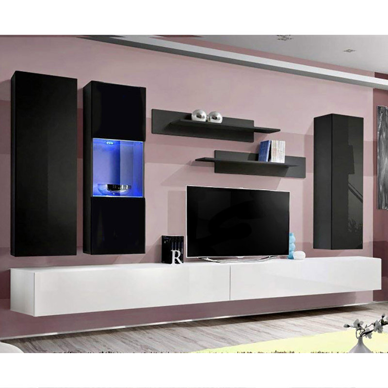Vreeland 126" Modern Floating Wall Mounted Entertainment Center with 16-Color LED Lighting, High Gloss Finish, Black/White