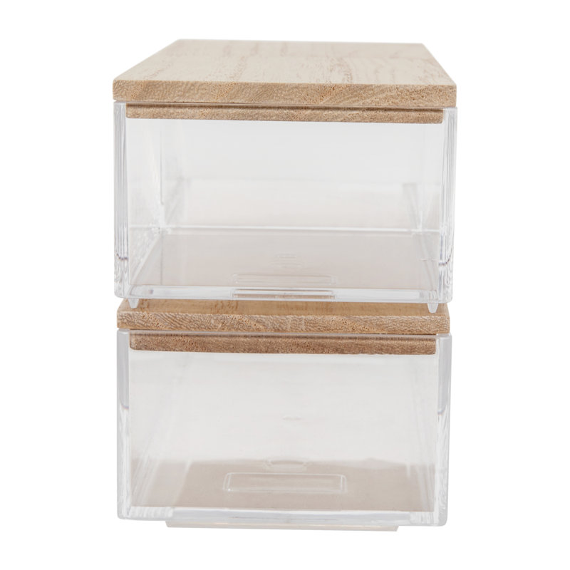 Thomas Martha Stewart Clear Plastic Storage Organizer Bin Set with Wooden Lids, Light Natural