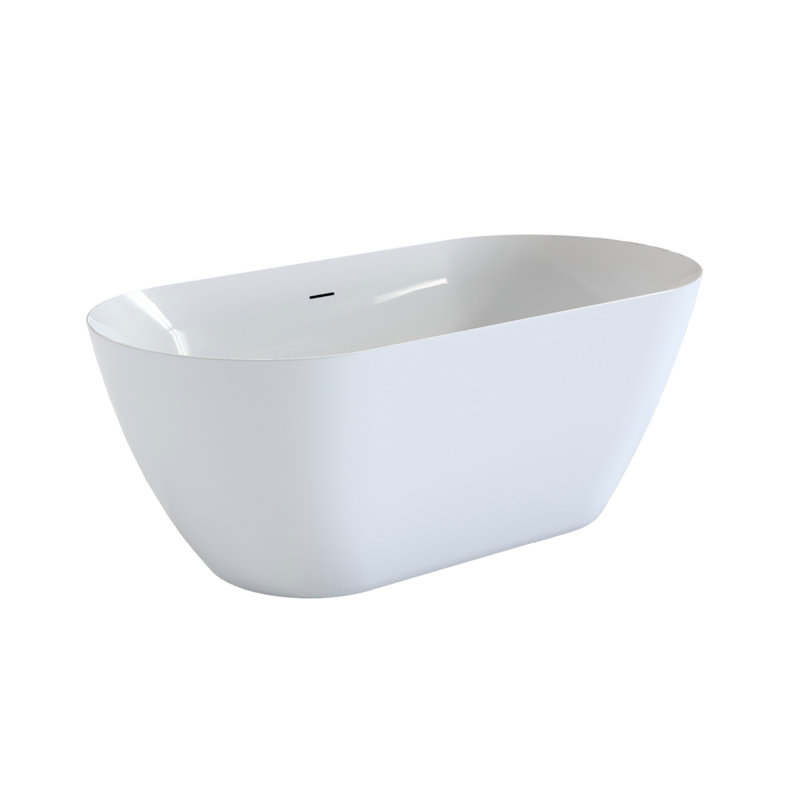 Baignoire autoportante en acrylique de 55 pouces, baignoire à immersion profonde ovale avec drain central et trou de trop-plein intégré, blanc éclatant