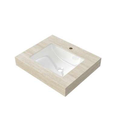 Comptoir en pierre frittée à motif de travertin 24 po MURI Roma et lavabo encastré en céramique avec un trou de robinet pré-percé standard, PAS d'armoire, pas de robinet ni de couvercle d'évier
