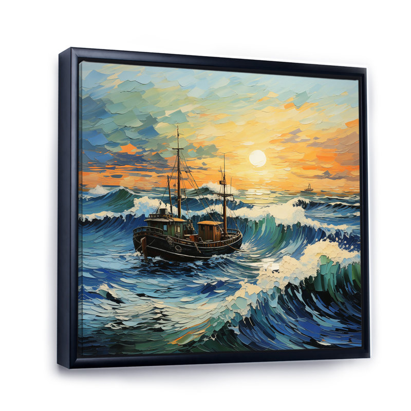 Vangogh paysage marin avec pêche en V, H 30 po x l 30 po x P 1 po, Cadre flottant noir