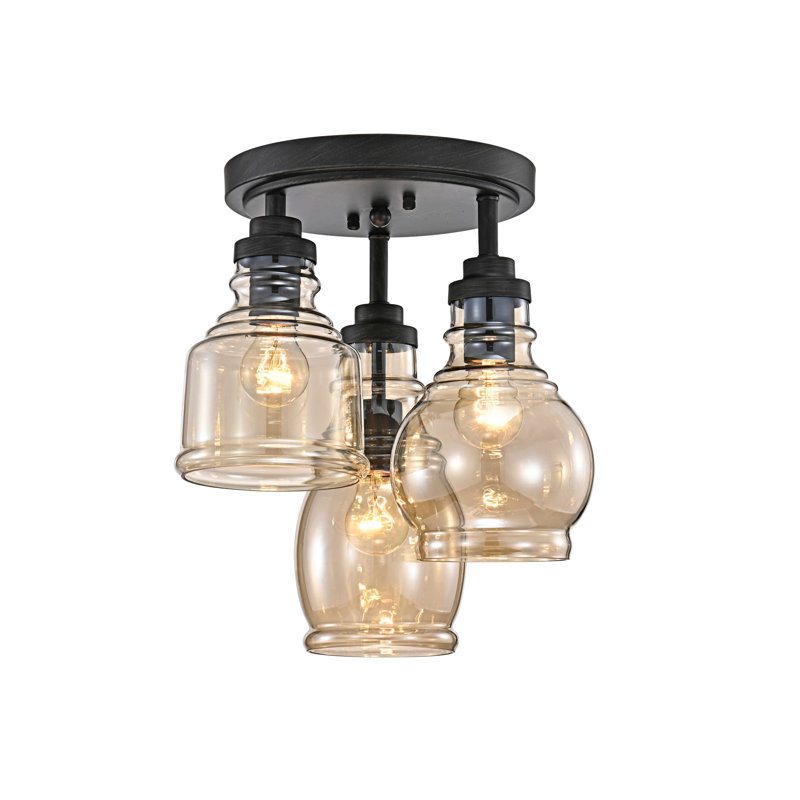Niemi 3 - Light 13.8" Antique Black Semi Flush Mount with Cognac Glass Shade