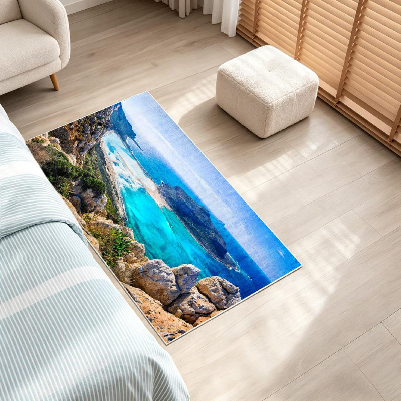 Tapis bleu lavable à la machine à motif de plage grecque, Rectangle 32 po x 47 po