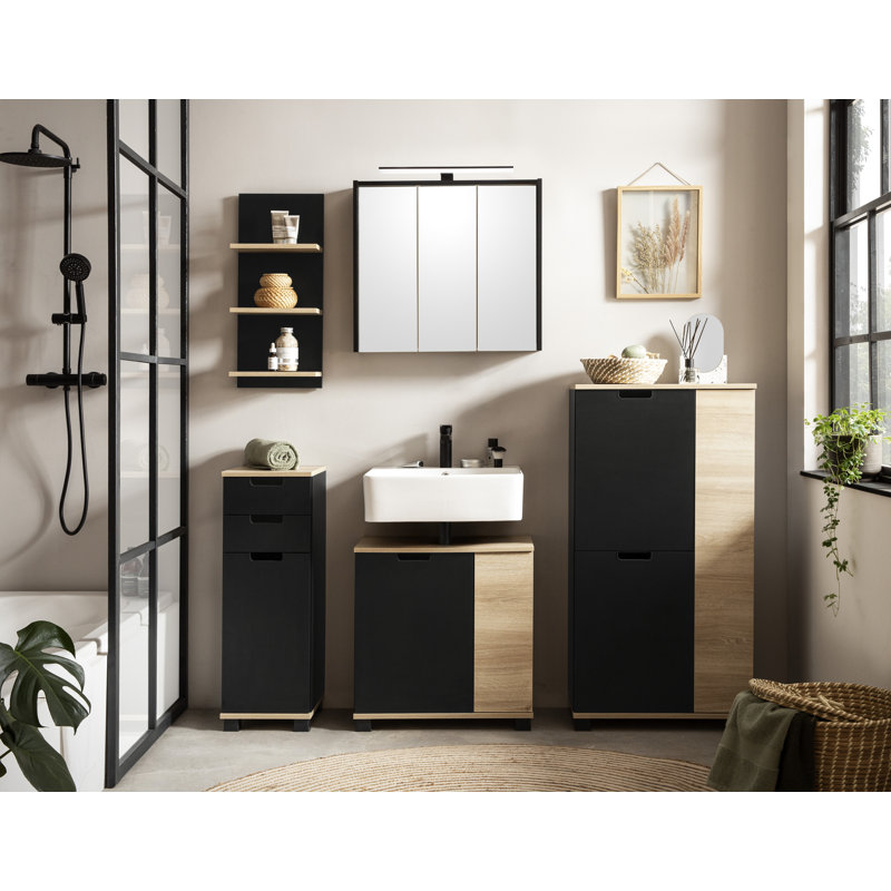 Soldonia Freestanding Bathroom Cabinet, Matt Black/White Oak
