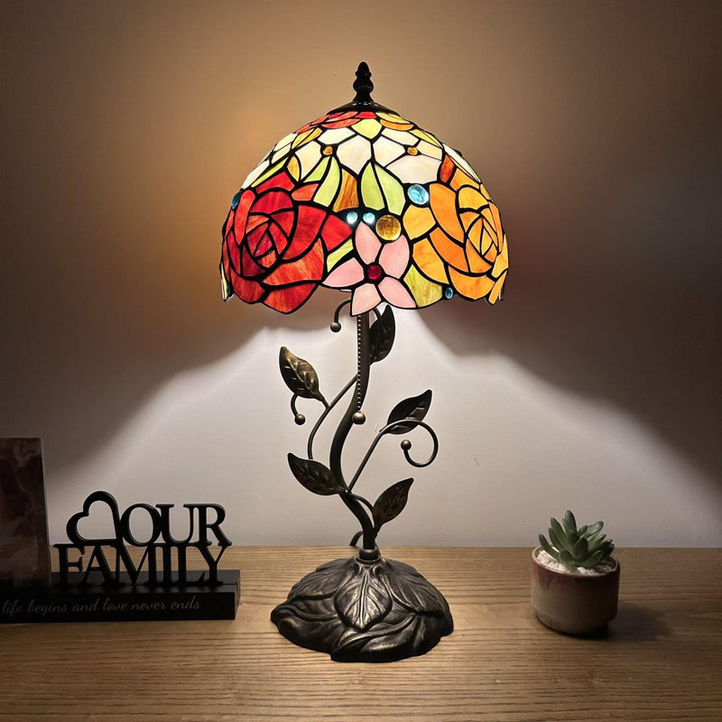 Haydee Tiffany Table Lamp Stained Glass Rose Flowers LED Bulb Iron Metal Leaves 10"W*10"D*20"H