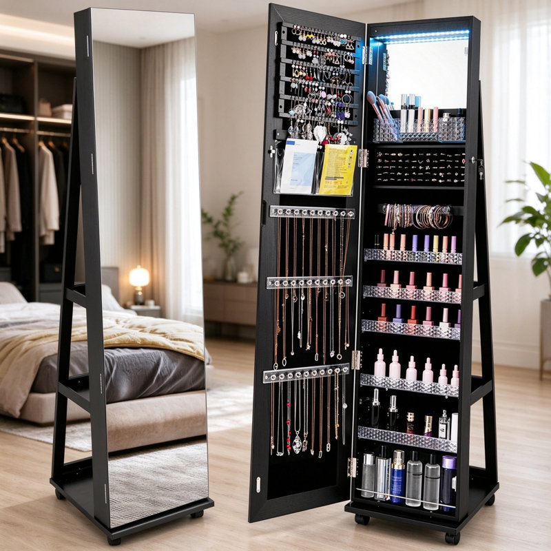 360° Swivel Jewellery Cabinet, 3-in-1 Standing Lockable Jewellery Armoire with Full-Length Mirror, 3-Colour LED Lights, Storage Shelves & 4 Wheels, Mobile Jewellery Organiser, Black