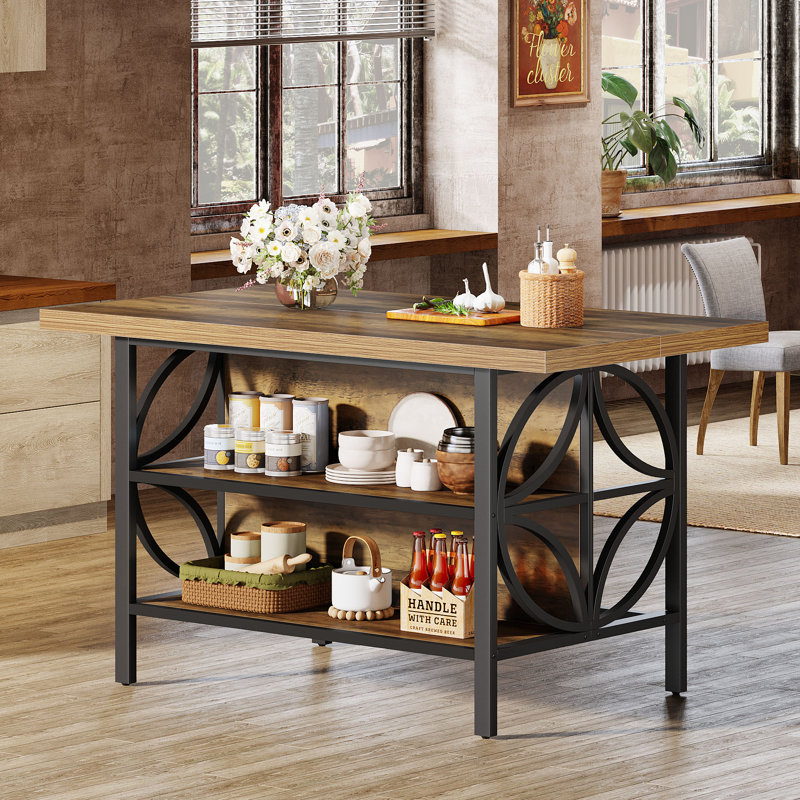 Îlot de cuisine avec rangement, table de travail industrielle de 63 pouces avec 2 tablettes, brun rustique