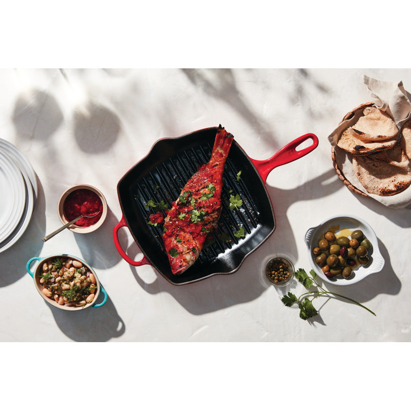Cerise Red Enameled Cast Iron Square Skillet Grill