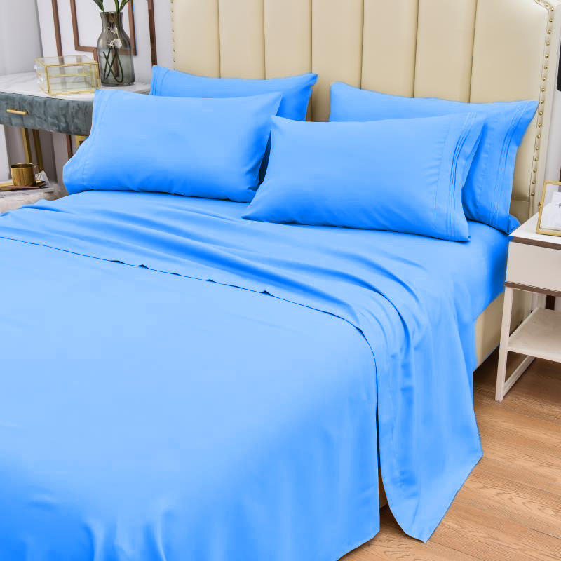 Premium Rayon From Bamboo 6 Pc Sheet Set With Deep Pockets, Cooling, Blue, Split King Sheet Set with 4 Pillowcases