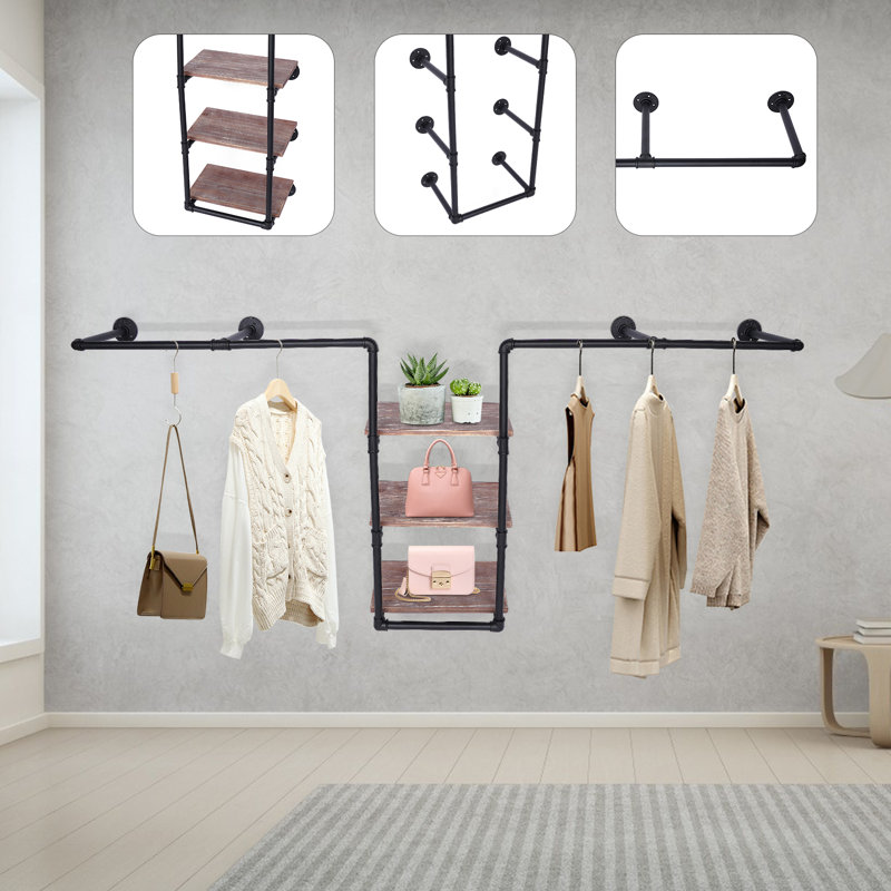 Anishka 86.61'' Wall Mounted Clothes Rack, Black/Wood