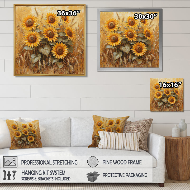 «Dreyvin Sunflowers In The Wheat Barnyard VII», art mural tournesols, H 36 po x l 36 po, Toile tendue, Ne s’applique pas