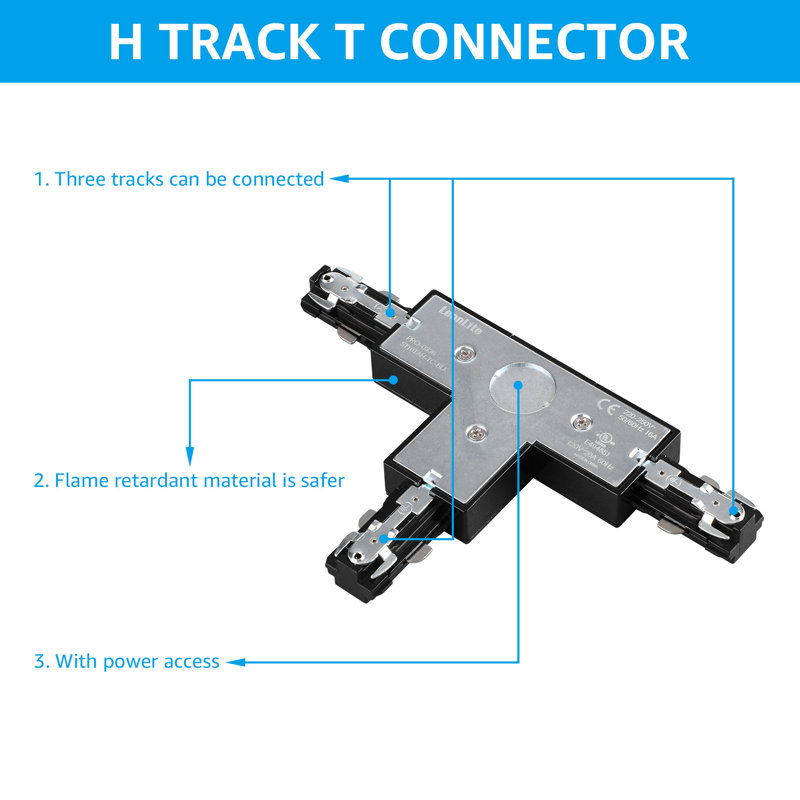 Connecteur d'éclairage en H à rail en T, ensemble d'éclairage sur rail à 3 fils 1 circuit de type H, 120 V, noir, Noir mat