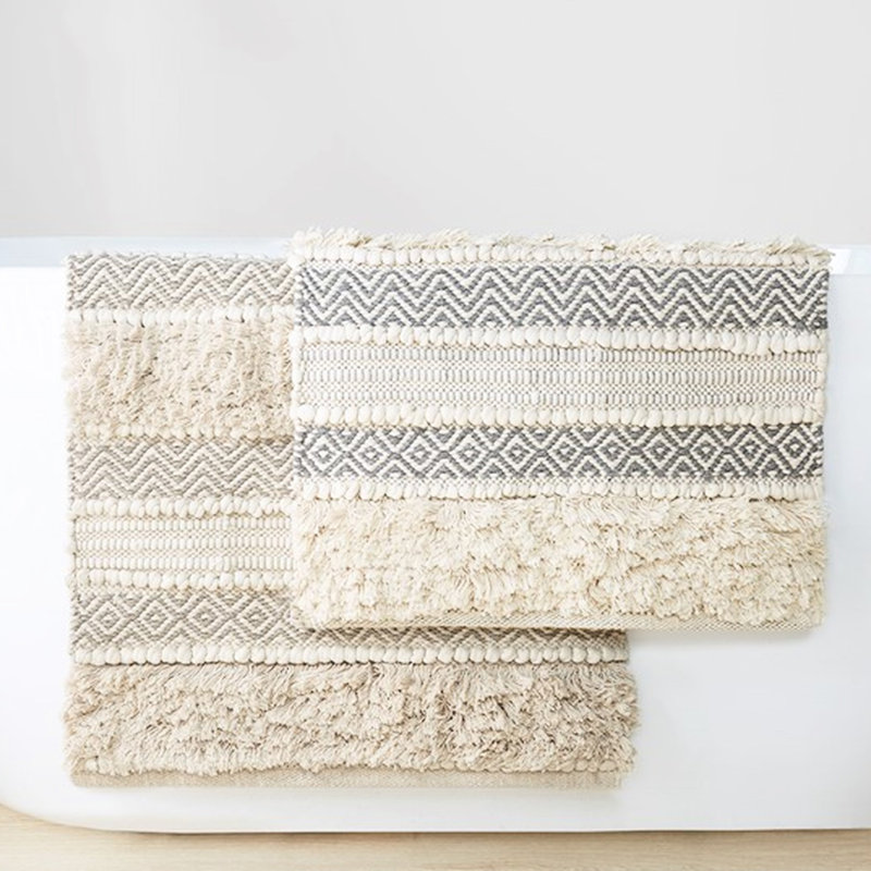 22x58" Bath Rug - Global Inspired Woven Texture Natural Shade Skid Back Easy To Clean Machine Multi Heavy Textured Non-slip Washable Bathroom Floor Mat Runner