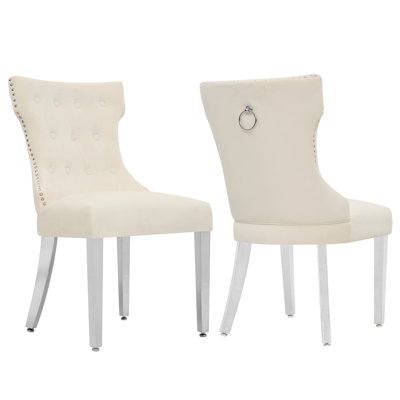 Velvet Nailhead Trim Upholstered Tufted Wingback Dining Chairs (Set Of 2)