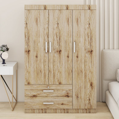 Freestanding Three Door Closet Wardrobe with Hanging Rods & Drawers