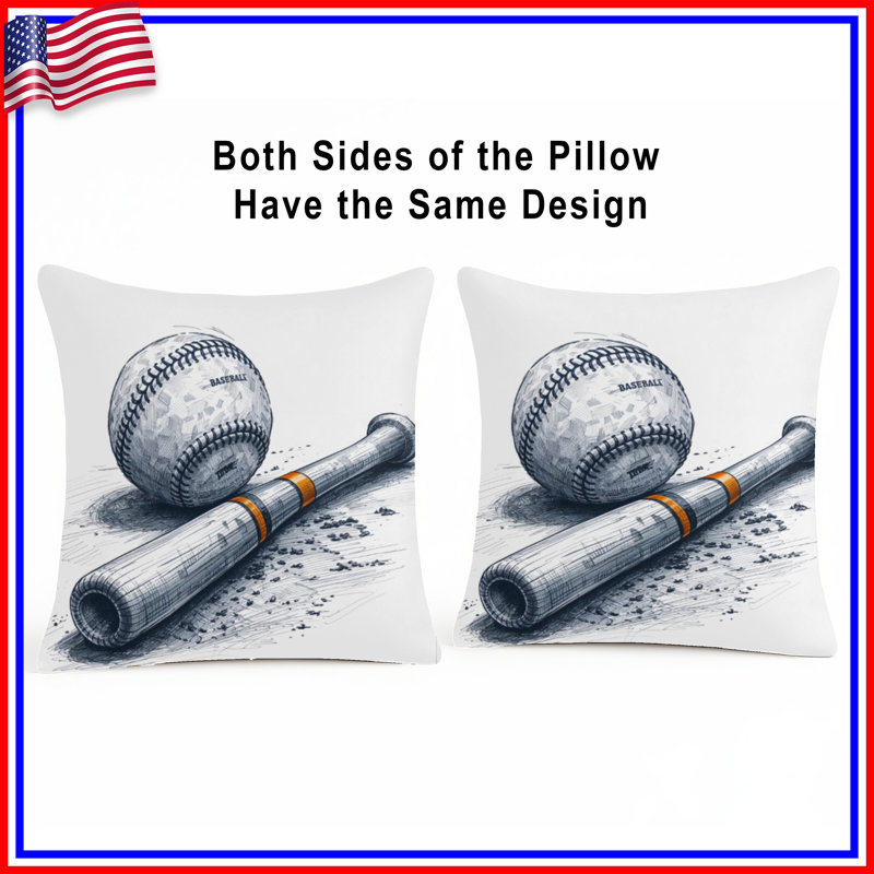 Coussins Baseball Bat And Ball, 18 x 18 pouces, Gris foncé / orange vif