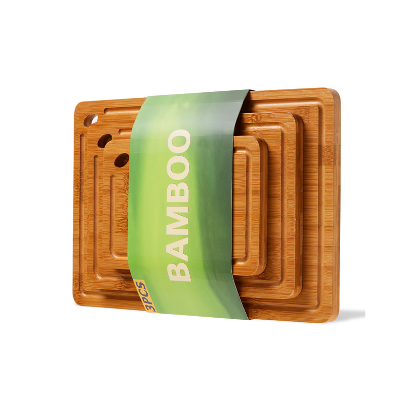 Ensemble de 3 planches à découper en bambou avec rainures profondes et poignée intégrée pour la cuisine