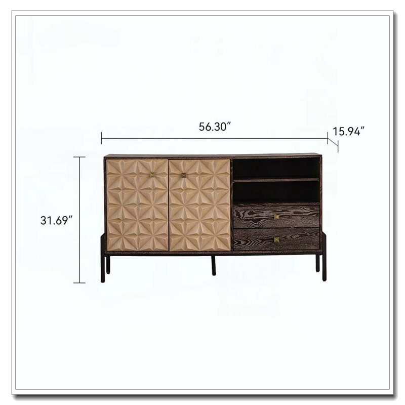 Solid Wood Sideboard With Geometric Pattern, 2 Doors And 2 Drawers