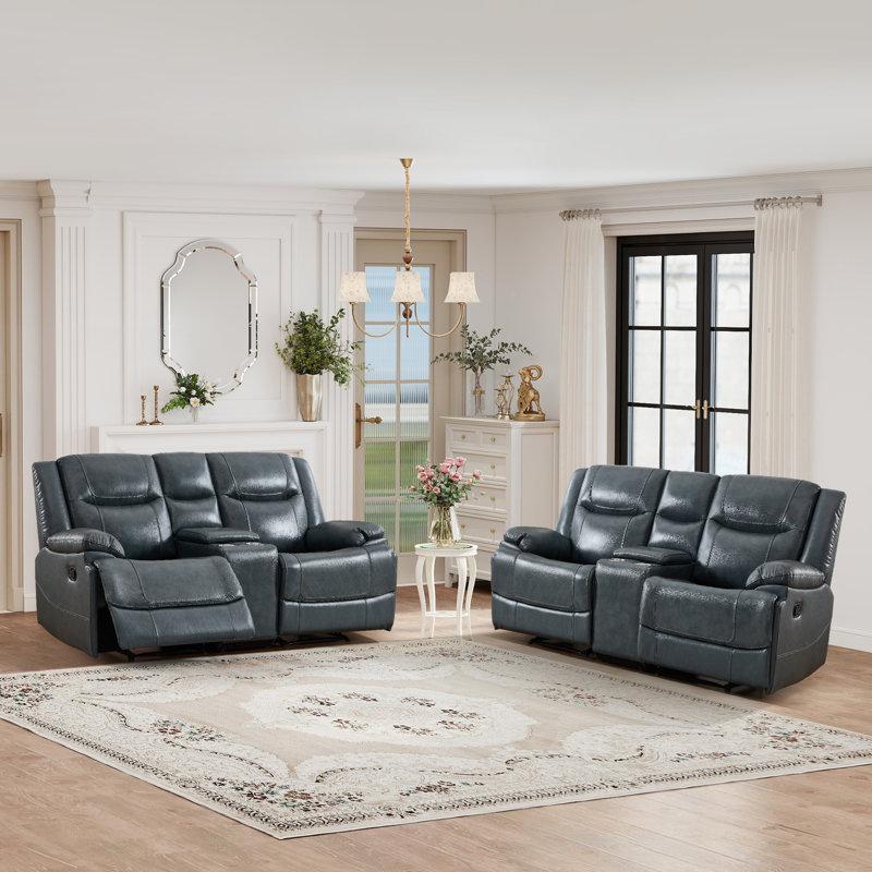 Luxury 74'' Wide Genuine Leather Reclining Loveseat With Cup Holders & Storage Console（Set Of 2), Navy Blue