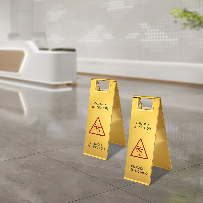 Double-Sided Caution Wet Floor Sign, Gold