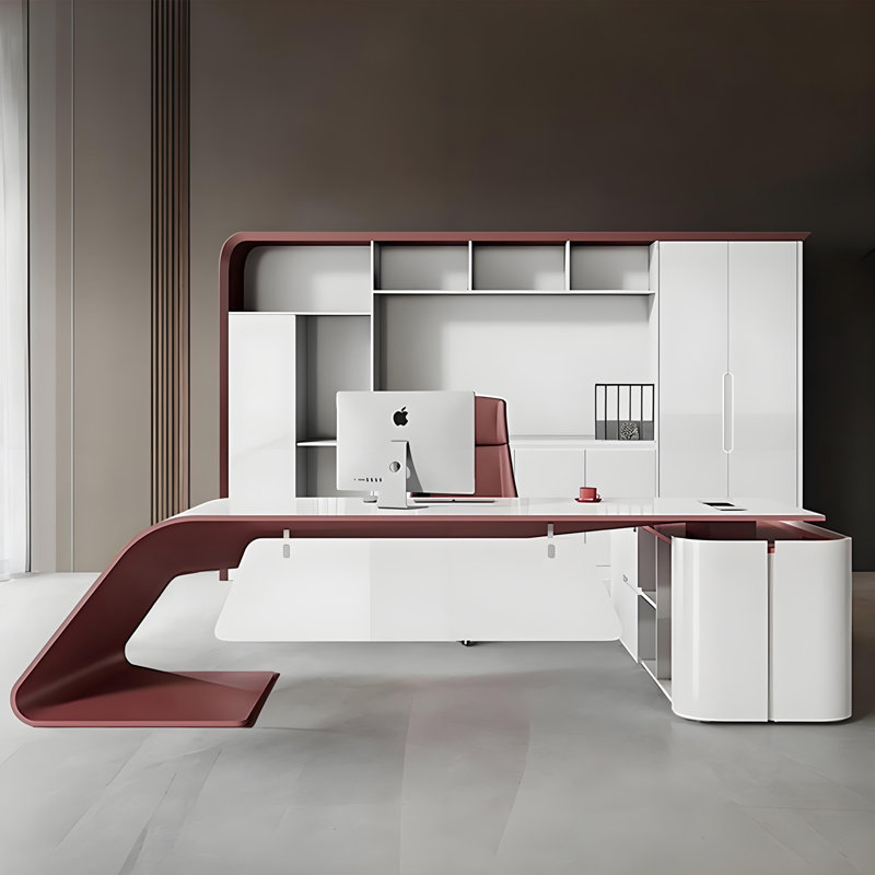 Bureau de direction en L 110,24 po blanc et rouge avec armoire latérale et serrure à combinaison