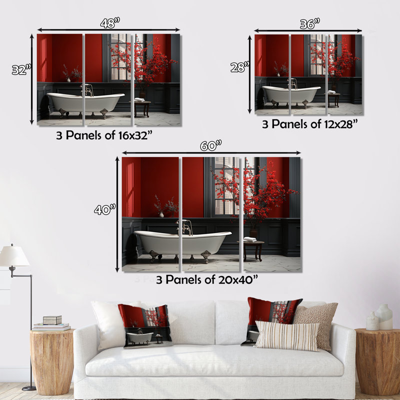 «Red Modern Bathroom Charm V» sur toile, ensemble de 3 pièces, H 28 po x l 36 po x P 1 po