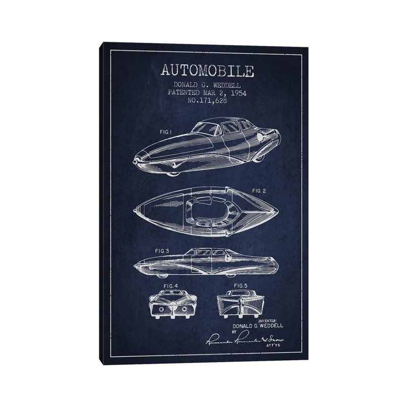 Donald G. Weddell Automobile Patent Sketch (Navy Blue) by Aged Pixel - Wrapped Canvas Print, 20.32 cm H x 30.48 cm W