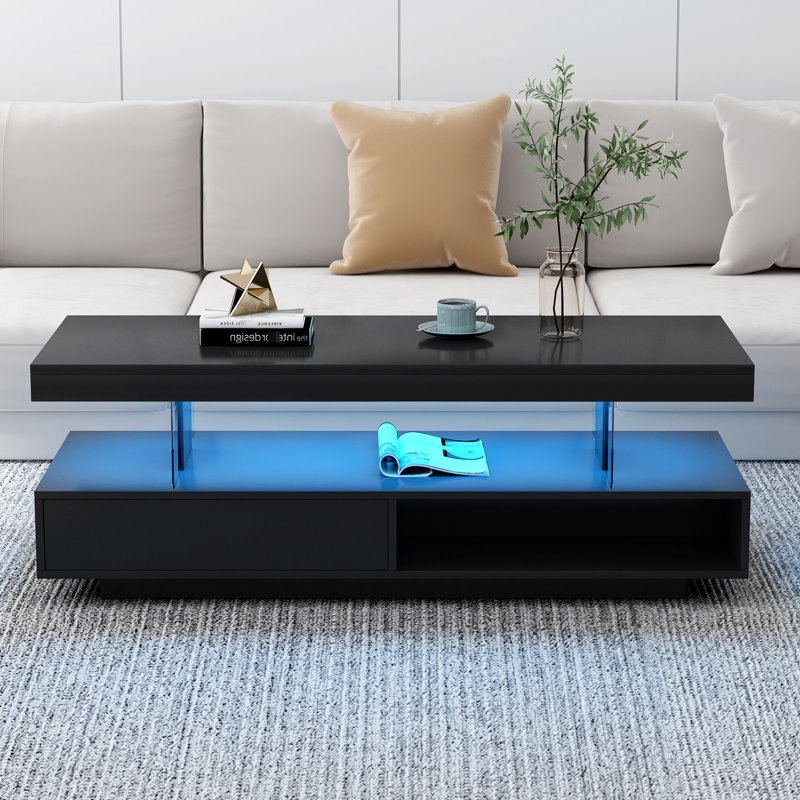 Table basse à DEL avec rangement, table centrale moderne avec 2 tiroirs et tablettes de présentation, mobilier d'appoint avec lumières DEL pour le salon, noir