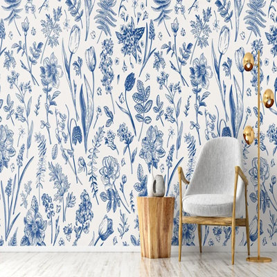 Blue Botanical Harmony - Papier peint floral style encre rétro