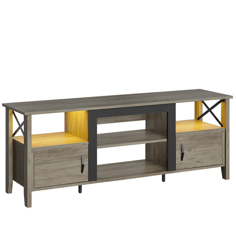 Wash Gray Farmhouse TV Stand with LED Lights and Storage Cabinet