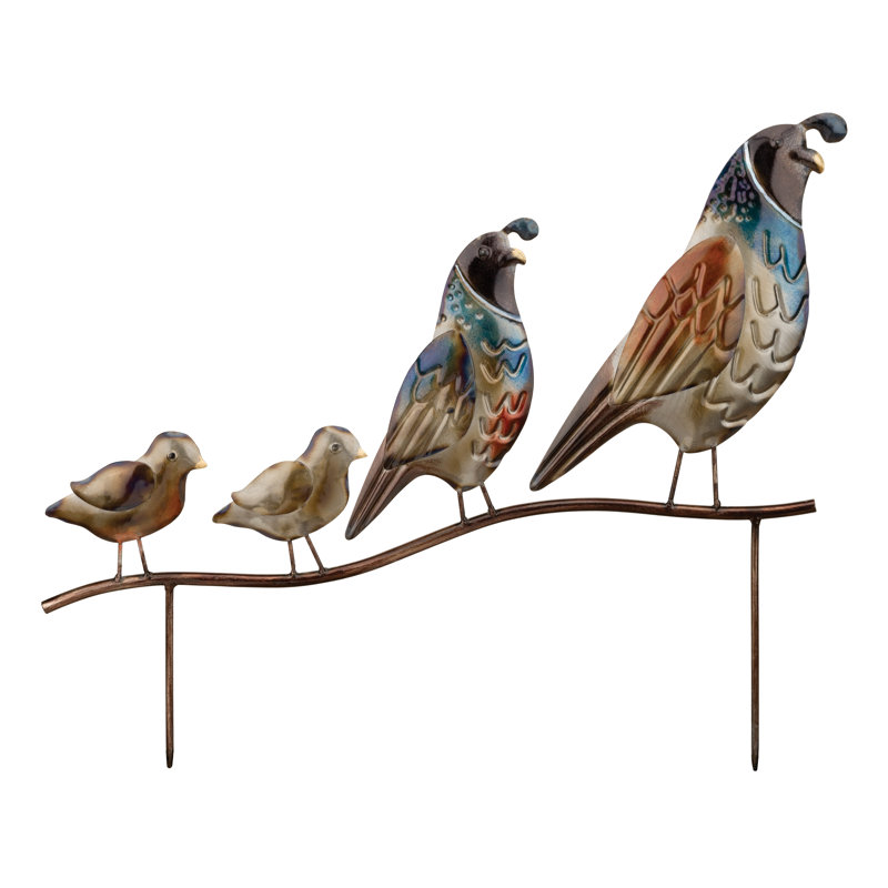 Hand-Painted Metallic Quail Family Garden Stake and Wall Decor