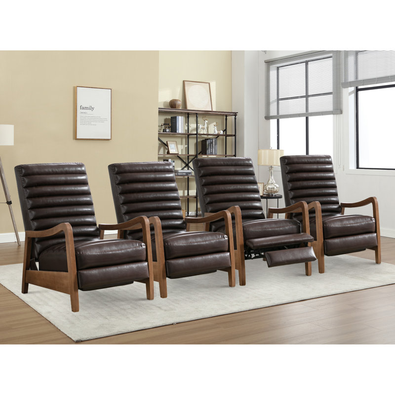 26" Wide Mid Century Modern Oil Wax Leather Manual Club Recliner Chair (Set Of 4), Brown
