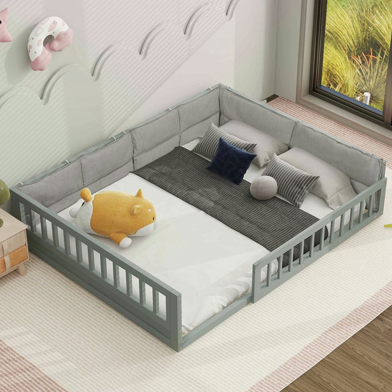 Lit plateforme tapissier en bois pleine grandeur avec garde-corps et coussin, Gris
