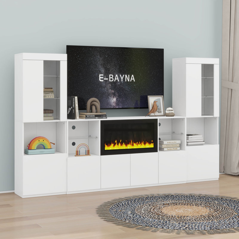 Meuble audio-vidéo avec rangement et foyer électrique non chauffant, Blanc