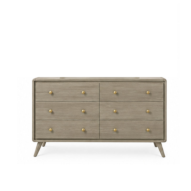 Reny Wide Dresser, 6 Drawers, Rounded Edges, Gold Knobs, Rustic Gray