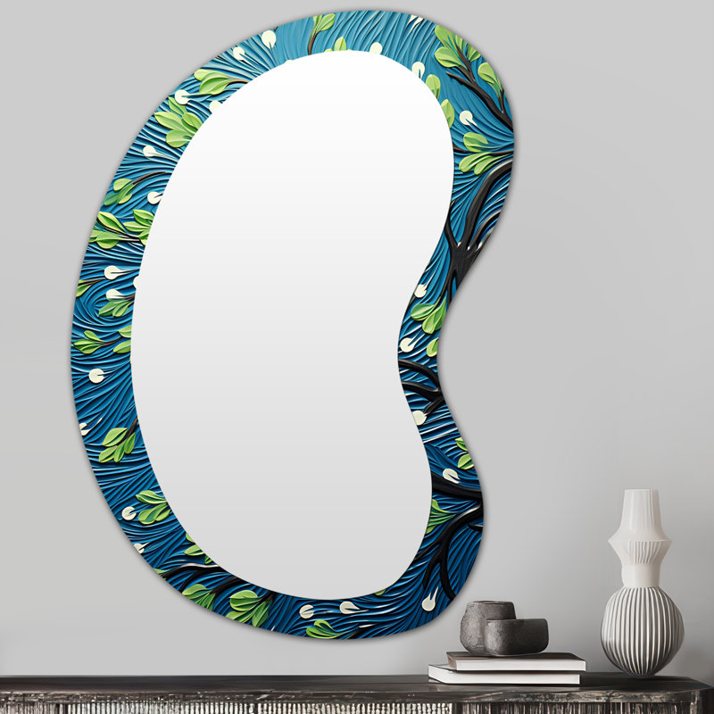 Danse de l'arbre vert et bleu - miroir mural de forme unique verte, miroir décoratif asymétrique traditionnel, impression d'art en métal