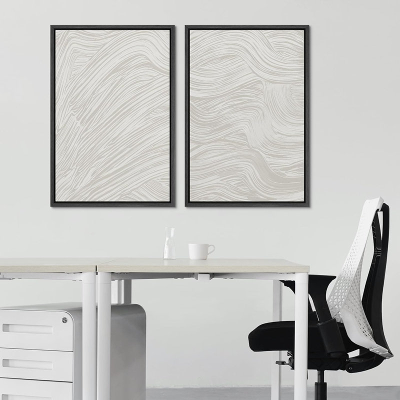 «Grey Stroke Waves», décor neutre minimaliste abstrait, reproduction d'art encadrée 2 pièces - sans texture, Noir