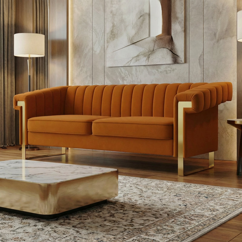 Kevionna 83.86'' Velvet Sofa, Orange Velvet