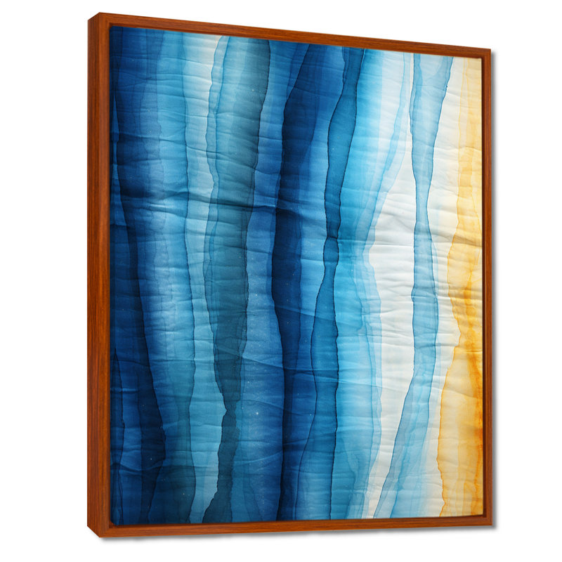 «Ocean Waves At The Beach Linen Blue», reproduction d'art abstrait, Toile avec cadre flottant brun