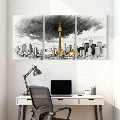 landmark building Toronto Skyline Tower Reflection Art Set of 3 Canvas Wall Art Prints
