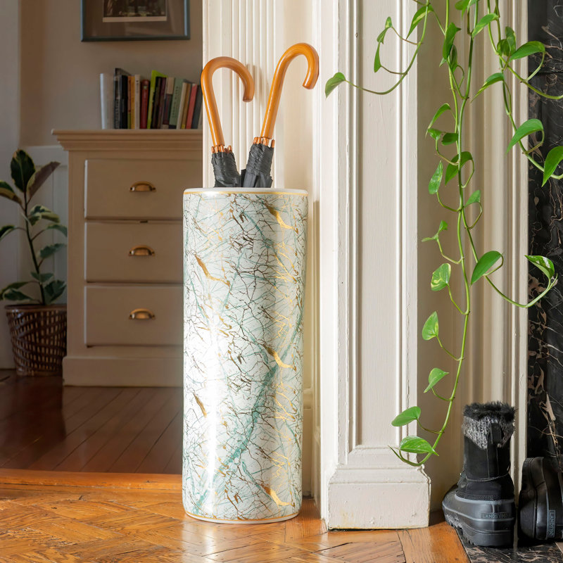 24" Abstract Green & Gold Umbrella Stand, Green/Gold