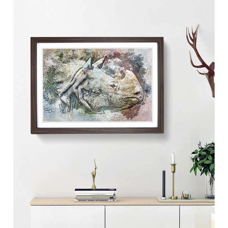 Wild Rhino in Abstract - Picture Frame Painting Print, 27cm H x 36cm W x 2cm D, Walnut Framed