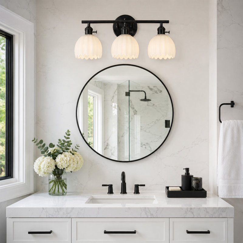 Luminaire de salle de bain à 3 lumières à intensité variable avec abat-jour en verre blanc, Noir mat, Trois lumières