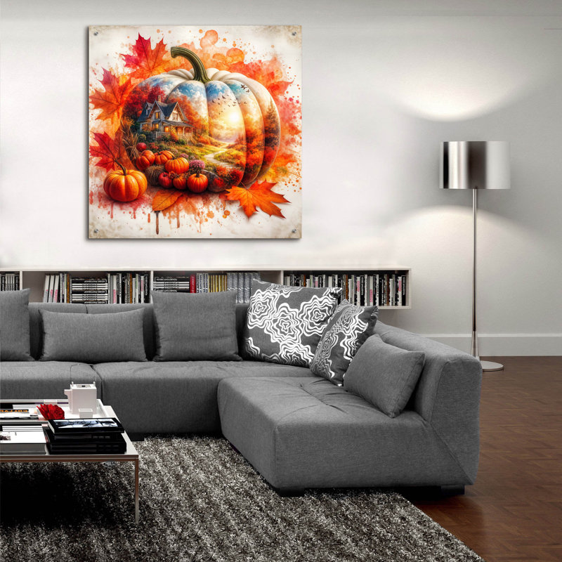 Art mural en verre épique «Fall Pumpkin Thème 3» par Rey Klimt, 36 po x 36 po, H 36 po x l 36 po