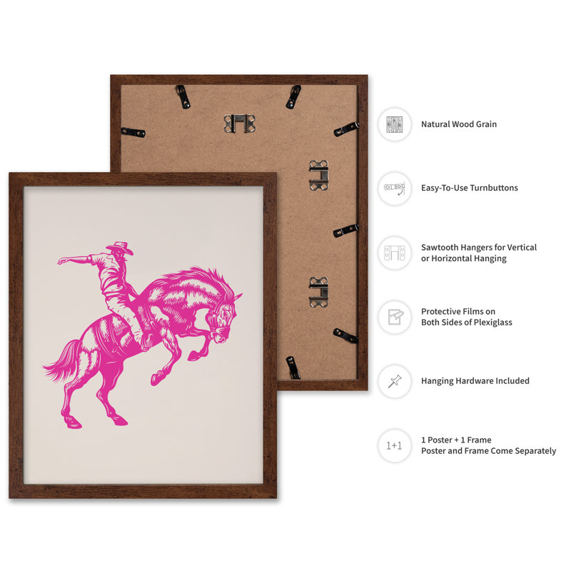 Cowboy sur un bronco, 18"H x 24"W, Poster, Brown Framed