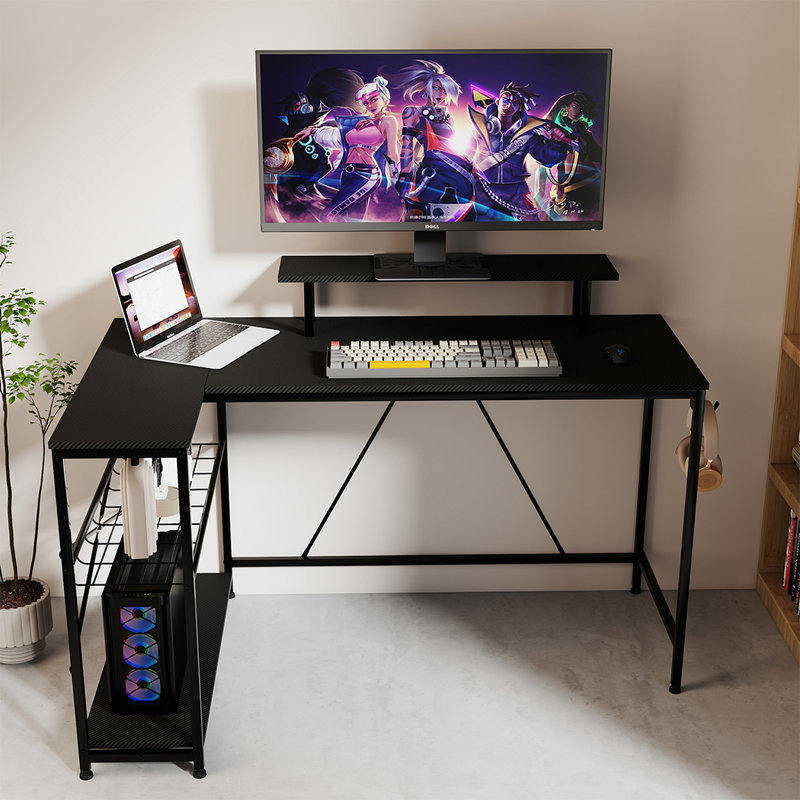 L-Shaped Metal Base Computer Desk with Power Outlet