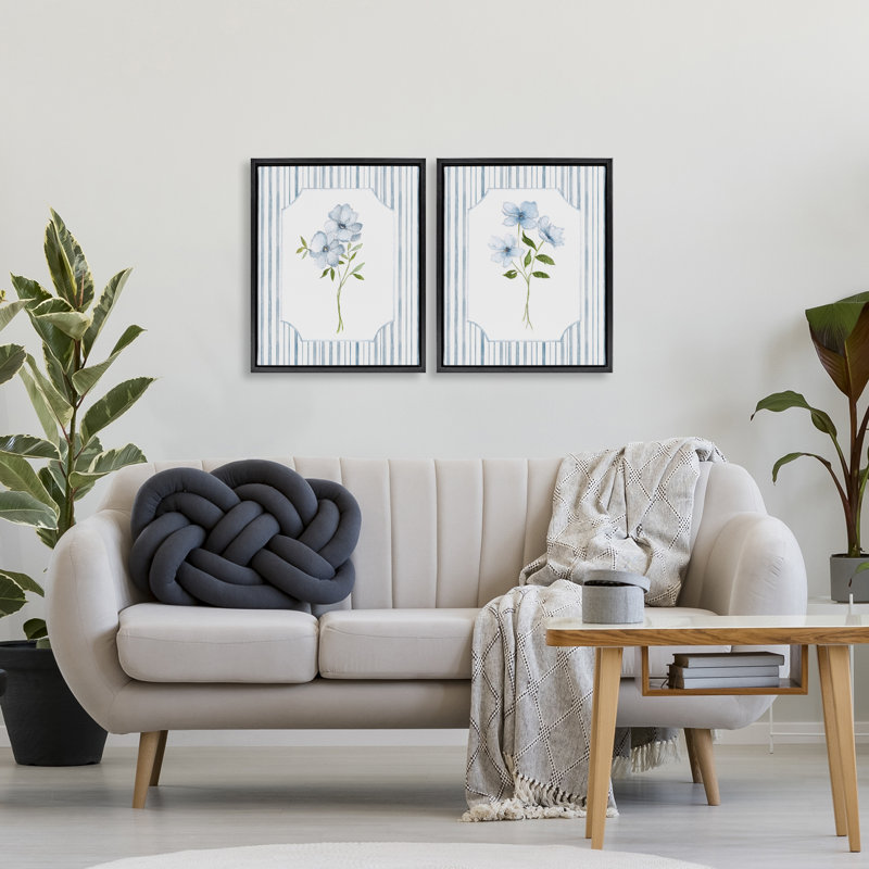 Ensemble de 2 cadres flottants Blue Blooms & Stripes, design par Tava Studios, Cadre flottant noir de jais, H 21 po x l 17 po