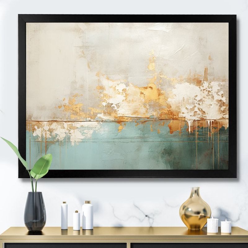 Minimalisme doré et bleu sarcelle horizon I - peinture abstraite, art mural, H 24 po x l 32 po x P 1 po, Cadre simple noir