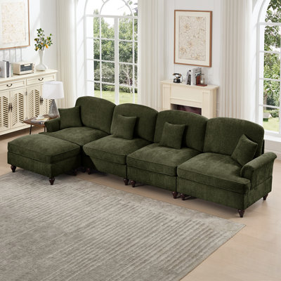 Classic Three Seater Modular L Shaped Sectional Couch with Flared Arms and Removable Ruffles Pleats Skirts, Comfy Chenille Deep Seat Sofa with Movable Ottoman