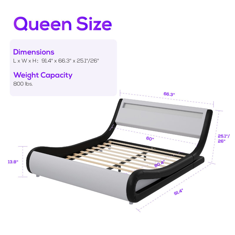 Charlesten Vegan Leather Platform LED Lights Bed with Wooden Slats and Adjustable Headboard, RGB Lighting & Music Sync, No Box Spring Needed